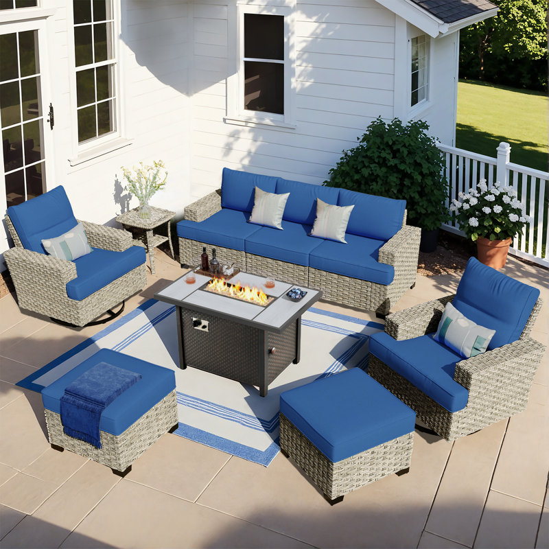 Ensemble de conversation en osier pour 5 personnes avec coussins et repose-pieds Dzion, Bleu marine