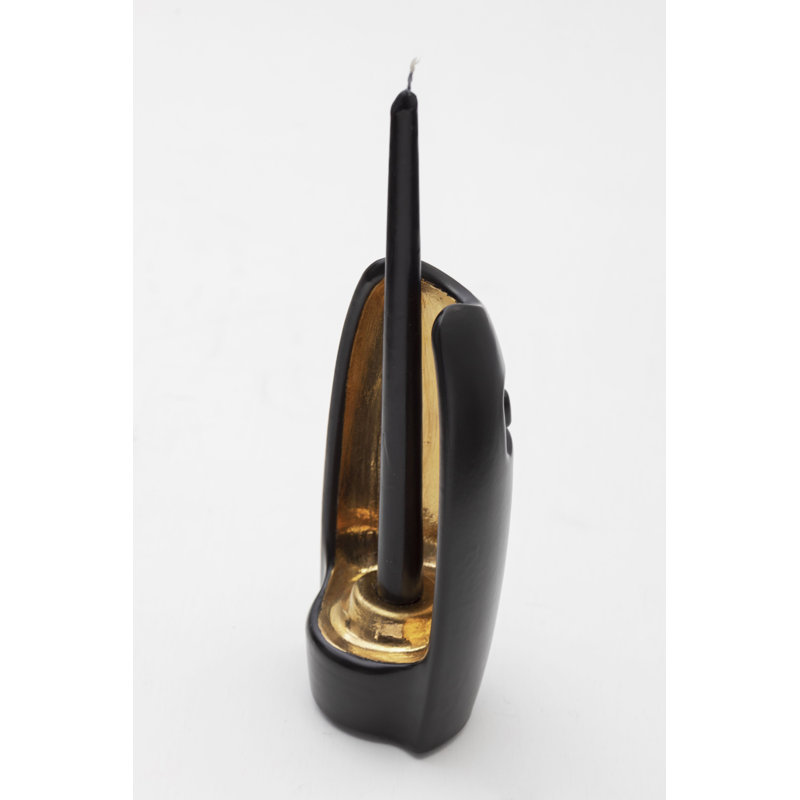 Absoluto Decorative Ceramic Candleholder In Dark Green Glaze With Gold Luster Details, By Andean, In Stock, Black