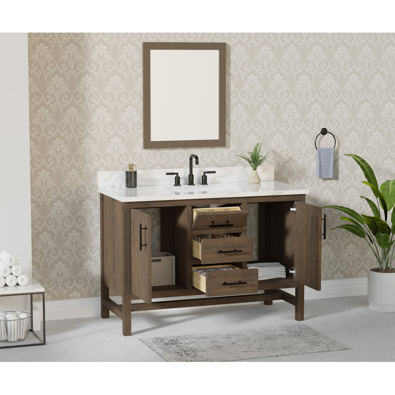 Meuble-lavabo simple 48 po Solon avec comptoir en pierre frittée Calacatta, évier et dosseret, bois massif, pré-assemblé, 48"