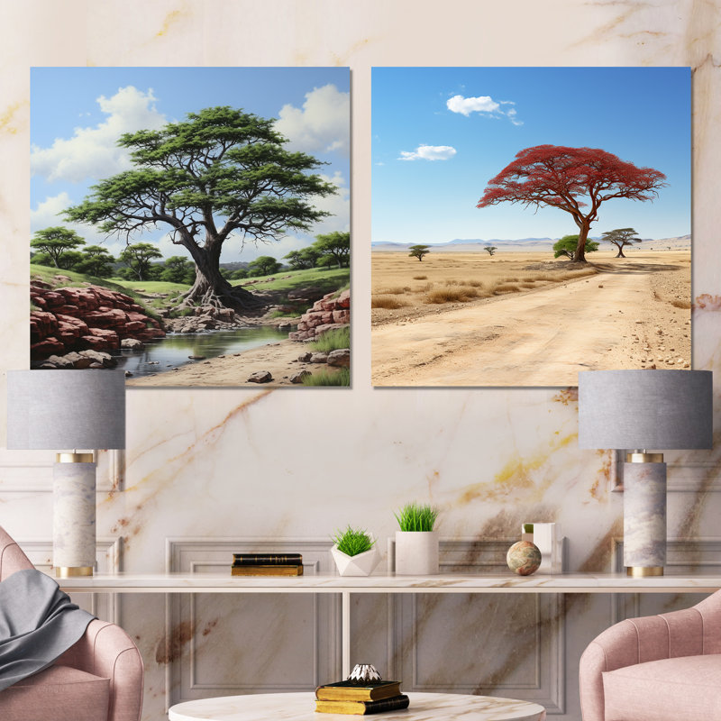 African Safari Tree Bliss I - Ensemble de 2 impressions sur toile, Toile tendue, H 16 po x l 33 po x P 1 po