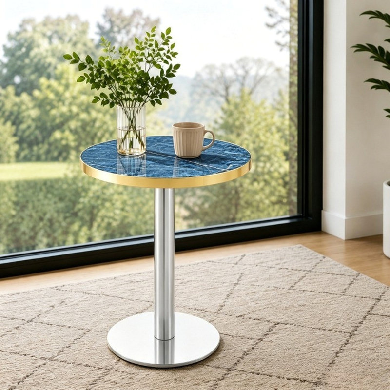 Panneau de fibres à densité moyenne rond de 23,6 po recouvert d'un comptoir de peinture UV, texture marbre, bordure en acier inoxydable, pieds de table en métal, table basse moderne et luxueuse.