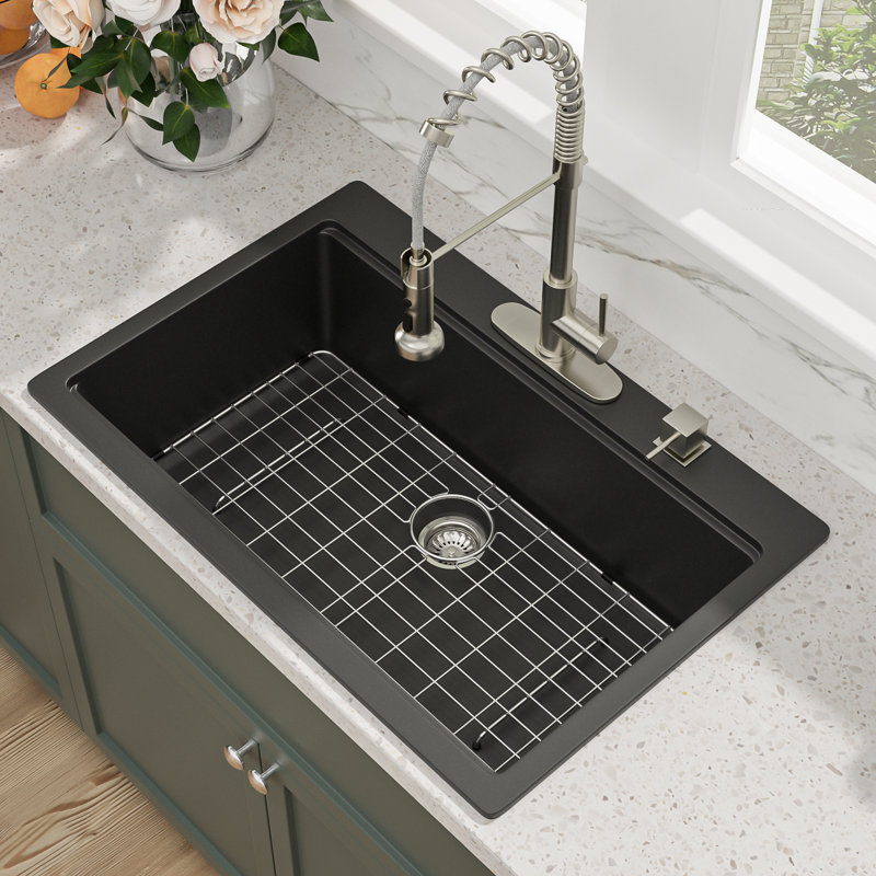 33" L x 22" W Granite Composite Drop-In Kitchen Sink Single Bowl Quartz Workstation Sink with Accessories, Black