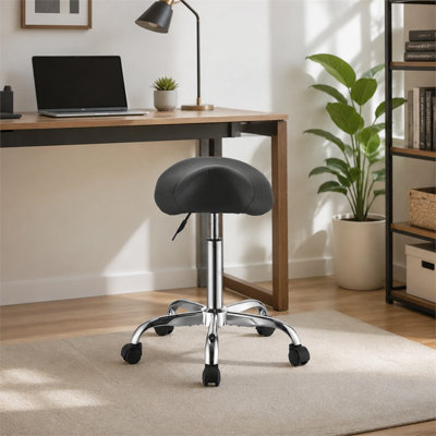 Tabouret à roulettes noir réglable avec siège ergonomique en similicuir pivotant avec base pivotante à 360 degrés à cinq étoiles et capacité de 500 livres