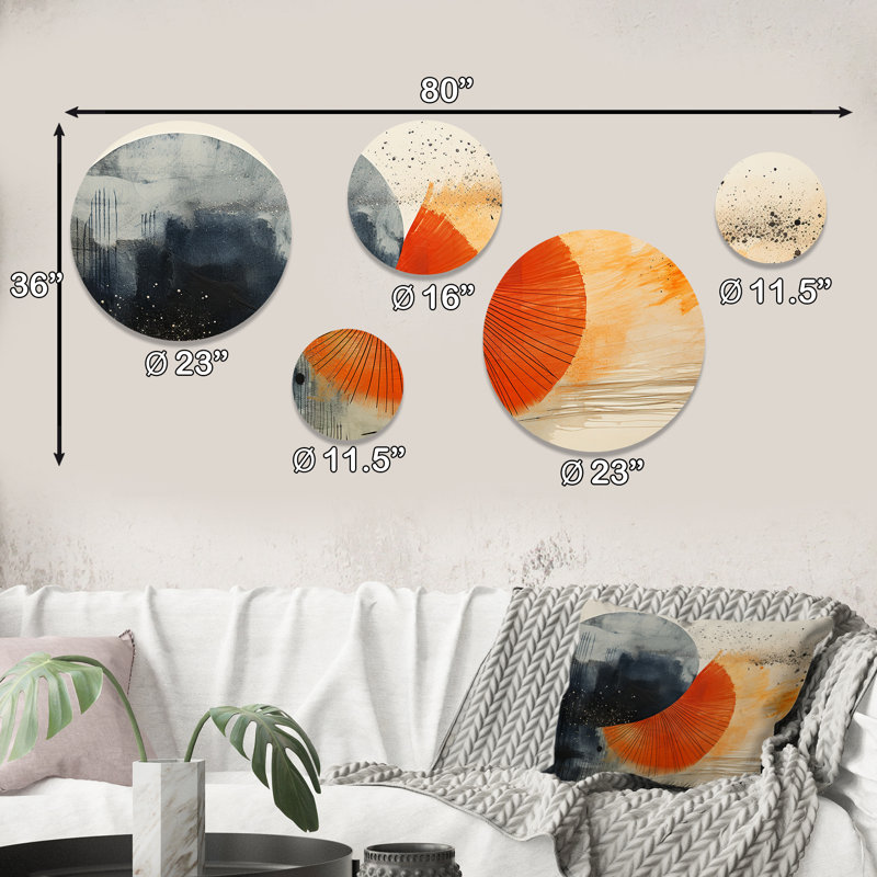 Éclipse solaire noire et orange - ensemble abstrait d'art mural rond de 5