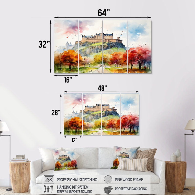 Art mural 4 pièces, "Forteresse médiévale en Angleterre I", H 28 po x l 48 po