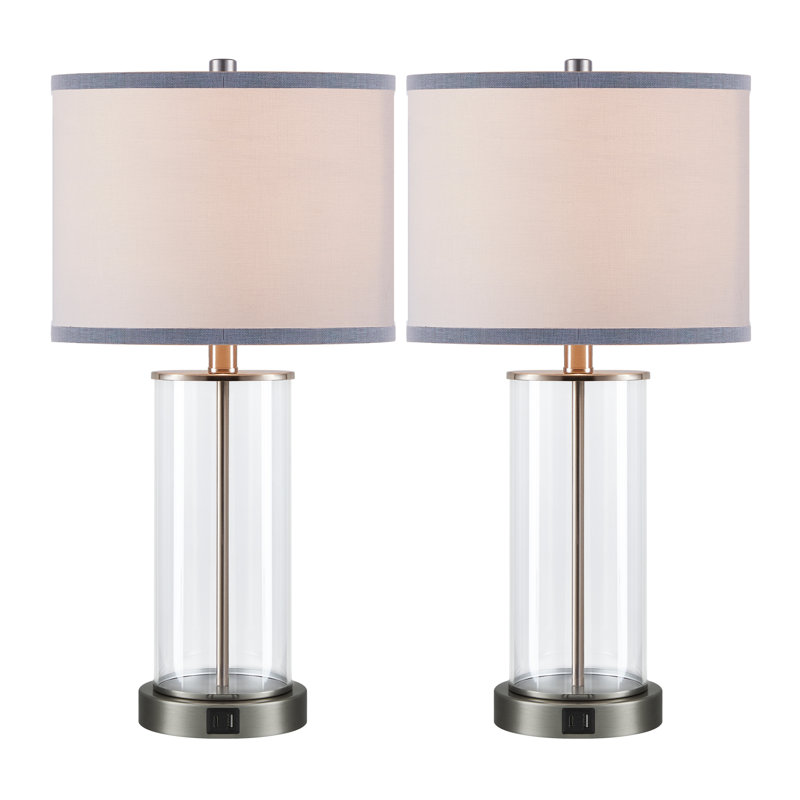 Quinita 23"  Glass Table Lamp Set with Touch Control,  LED Bulbs, USB Ports, Brushed Nickel