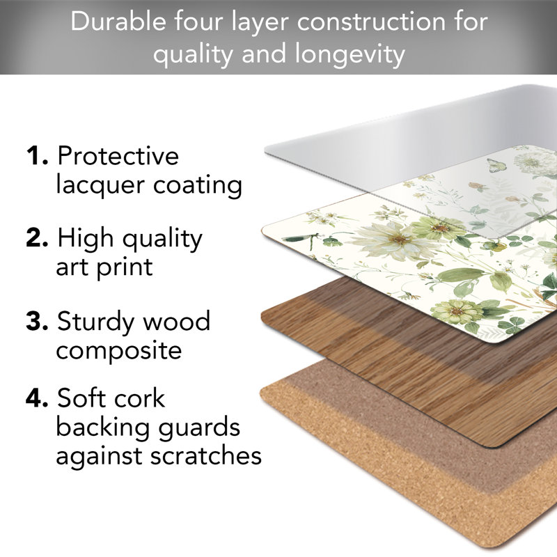 Green Floral Hardboard Cork Back Rectangular Placemats, Set of 4