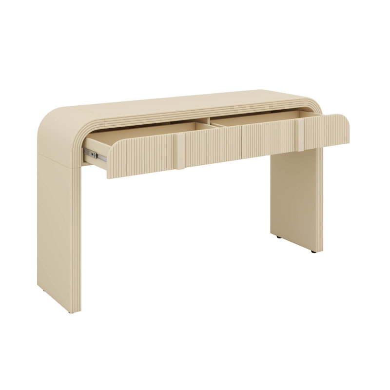 Console moderne avec 2 tiroirs de rangement, table d'entrée cannelée à silhouette arrondie, patins réglables, Crème abricot