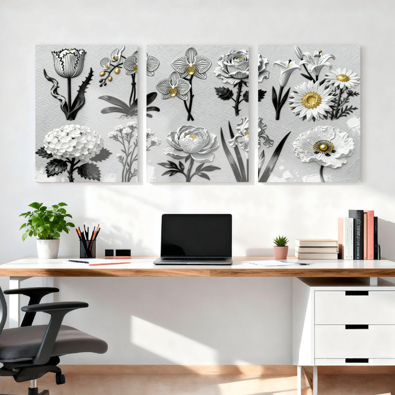 Toiles décoratives florales botaniques en noir et blanc (ensemble de 4), H 18 po x l 36 po