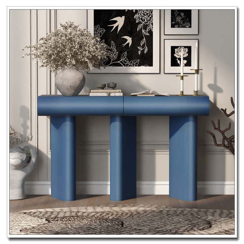 47.6" Modern Painted Entryway Table with 2 Curved Drawers, Navy Blue