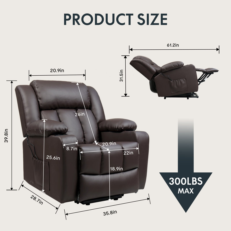 Fauteuil inclinable électrique en polyuréthane pour personnes âgées, Brun, H 39,8 po x l 35,4 po x P 28,7 po
