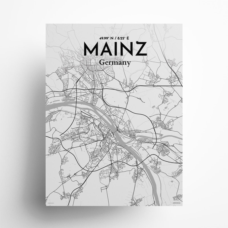 Mainz City Map In Tones - No Frame Print, 24cm H x 18cm W x 0.05cm D