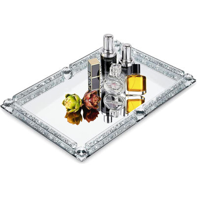 Crystal Glass Tray, Modern Mirror Jewelry Dresser Trinket Trays With Crushed Diamond, 11.8" X 7.9"Rectangular Makeup Perfume Tray For Bathroom Bedroom, Home Decor, Hotel Banquet, Party(Silver)