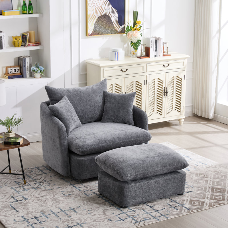 46" Oversized Swivel Chair With Ottoman Upholstered Deep Seat Accent Chair With 2 Pillows Suitable For Living Room, Bedroom, Lounge, Office