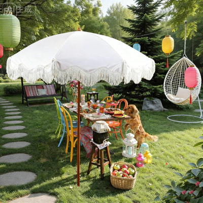 6.5FT Patio Umbrella with Fringe, UV Protection Beach Umbrella with Tilt & Adjustable Height, Includes Carry Bag & Ground Stake, Outdoor Umbrella for Pool, Garden, Backyard