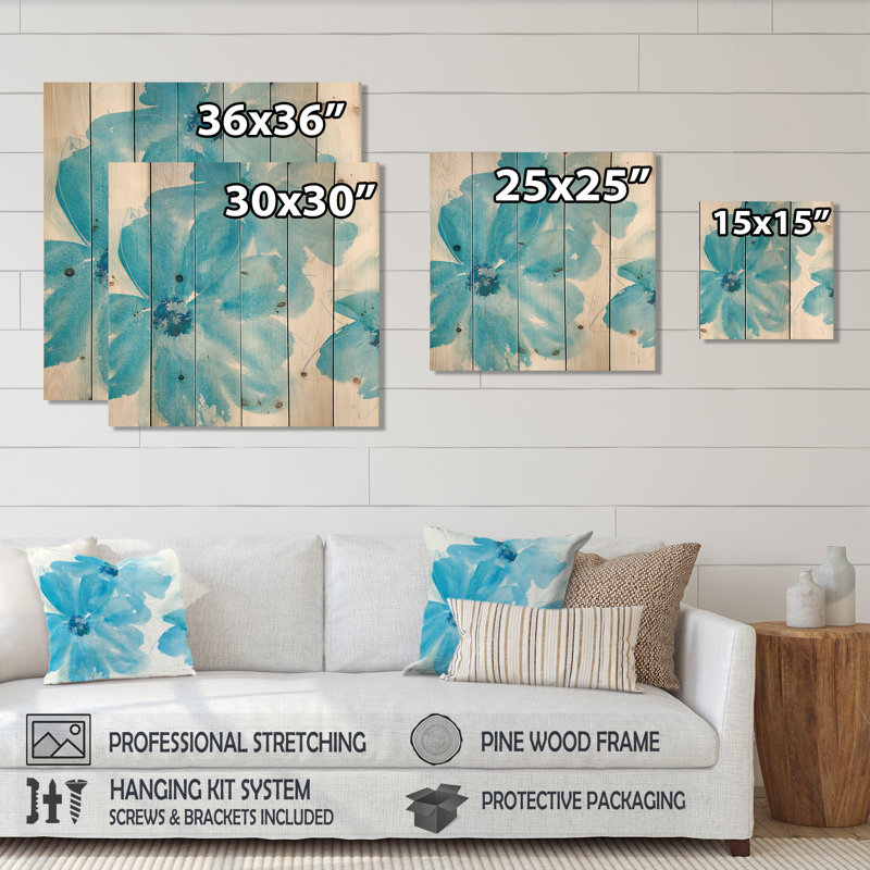 Aquarelles bleues - reproduction de campagne sur bois de pin naturel, H 30 po x l 30 po x P 1,5 po