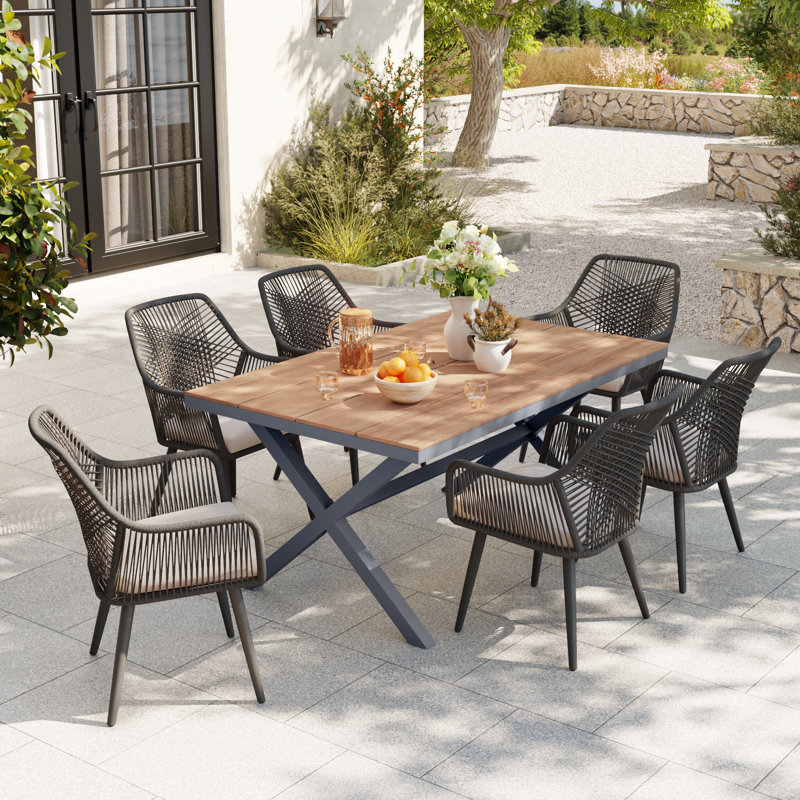 Outdoor 6-person Dining Set With Cushions, Gray Cushion/Black Frame