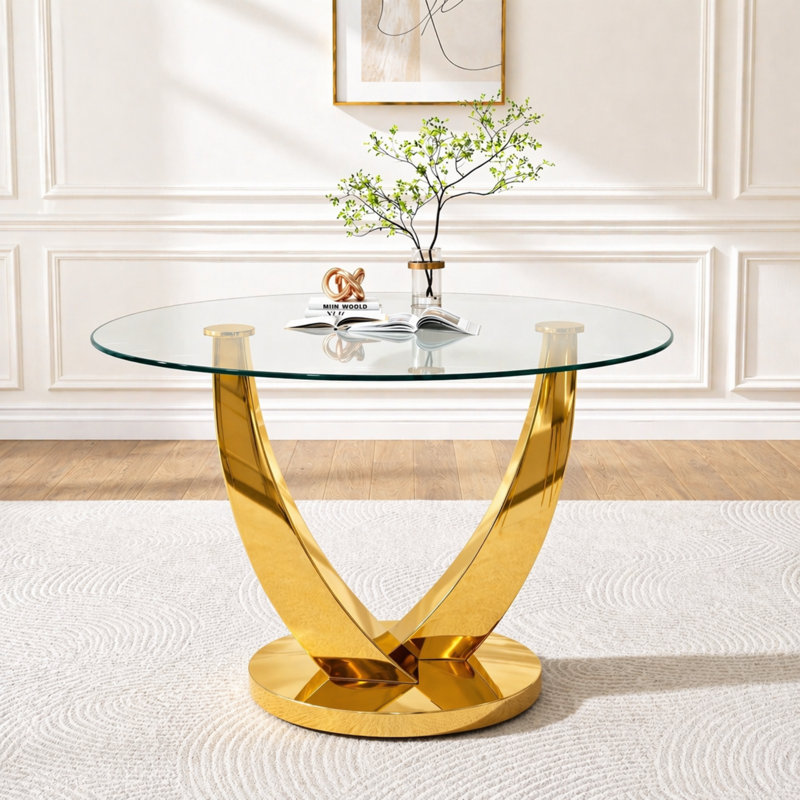 38.9" Round Glass Dining Table Set for 4, Modern 5-Pieces Kitchen Table set, Tempered Glass Table with 4 Chenille Upholstered Chairs, for Kitchen, Dining and Apartment