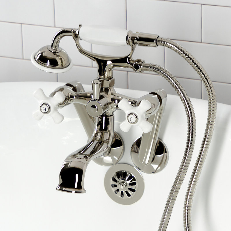 Kingston Brass Kingston Three-Handle 2-Hole Tub Wall Mount Clawfoot Tub Faucet with Hand Shower, Polished Nickel