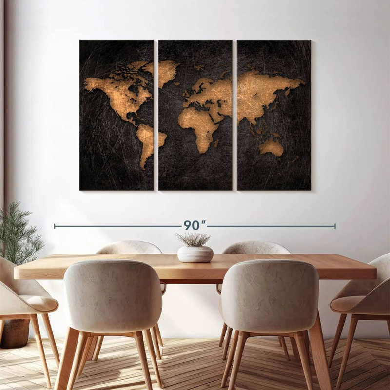 «World Map Aged World Map XXXIV», ensemble de 3 pièces sur toile par Finnian P, H 48 po x l 74 po x P 1,25 po