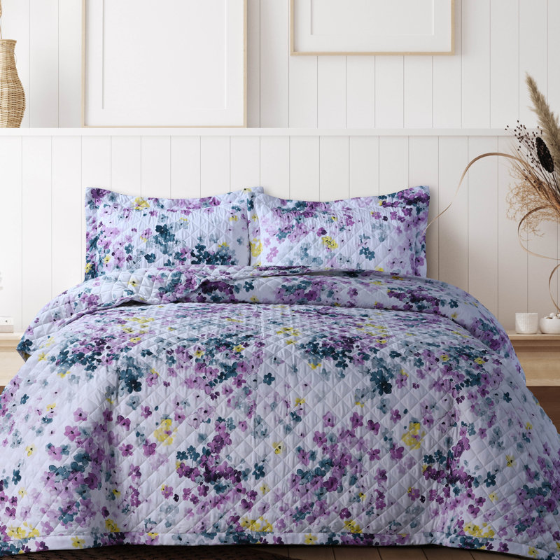 Sateen Floral Quilt, King Quilt + 2 King Shams, Purple