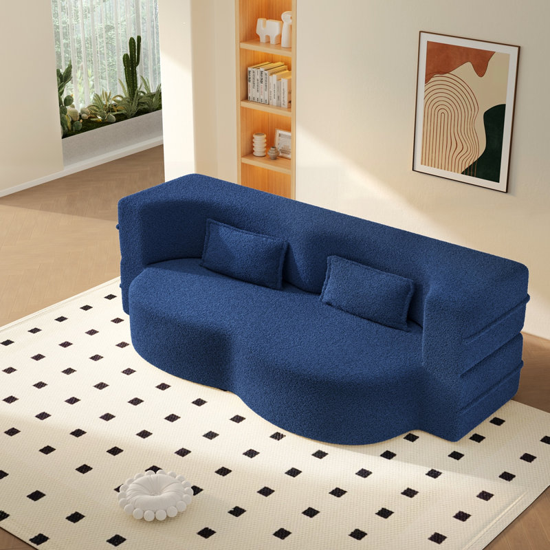 Canapé-lit moderne avec 2 coussins, canapé-lit convertible en tissu rembourré de mousse, matelas pliant simple de 15 po pour le salon, lit d'invité, salle de jeux, sans assemblage requis, bleu