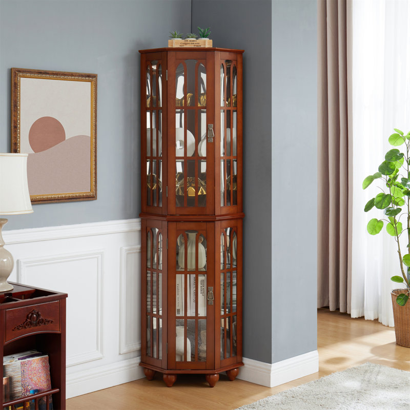 Vitrine de coin avec 4 tablettes réglables en verre trempé et système d'éclairage, Noyer