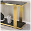 Console miroir de 140 cm avec cadre doré et plateau en verre trempé noir, meuble de rangement moderne à deux niveaux pour entrée