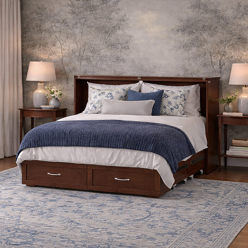 Commode et lit escamotable avec matelas 6 po, rangement et chargeur intégré Atiyah, Noyer, Grand
