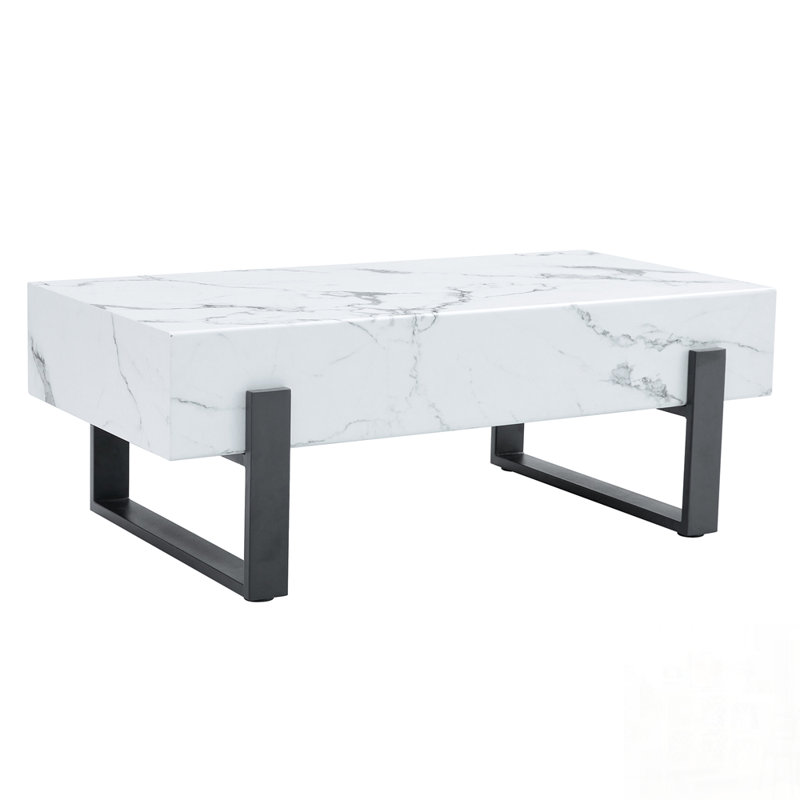 Table basse moderne en panneau de fibres à densité moyenne avec texture de marbre et pieds en métal durables