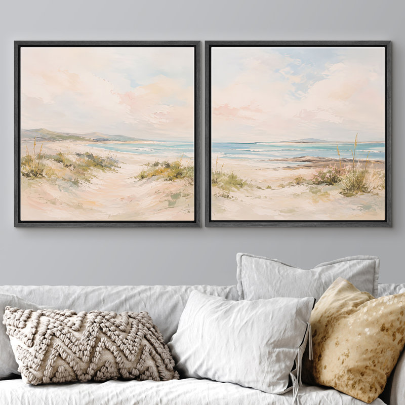 «Pastel Coastal Beach Dunes with Soft Sky and Ocean Breeze», ensemble de 2 reproductions d'art sur toile encadrées