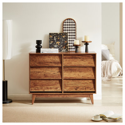 Commode double 6 tiroirs Vintage en MDF brun avec design biseauté