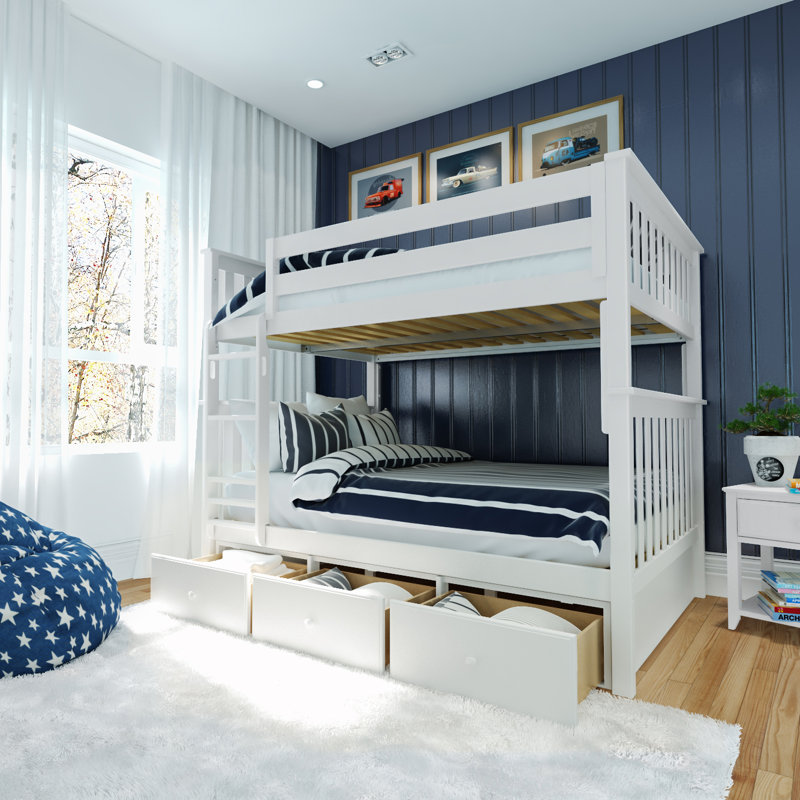 Hildegun Kids Bunk Bed with Drawers, White, Full over Full