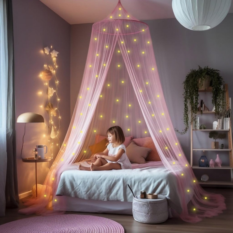 Pink Canopy for Girls Bed with Pre-Glued Glow in The Dark Stars 1 Opening Canopy Bed, Pink