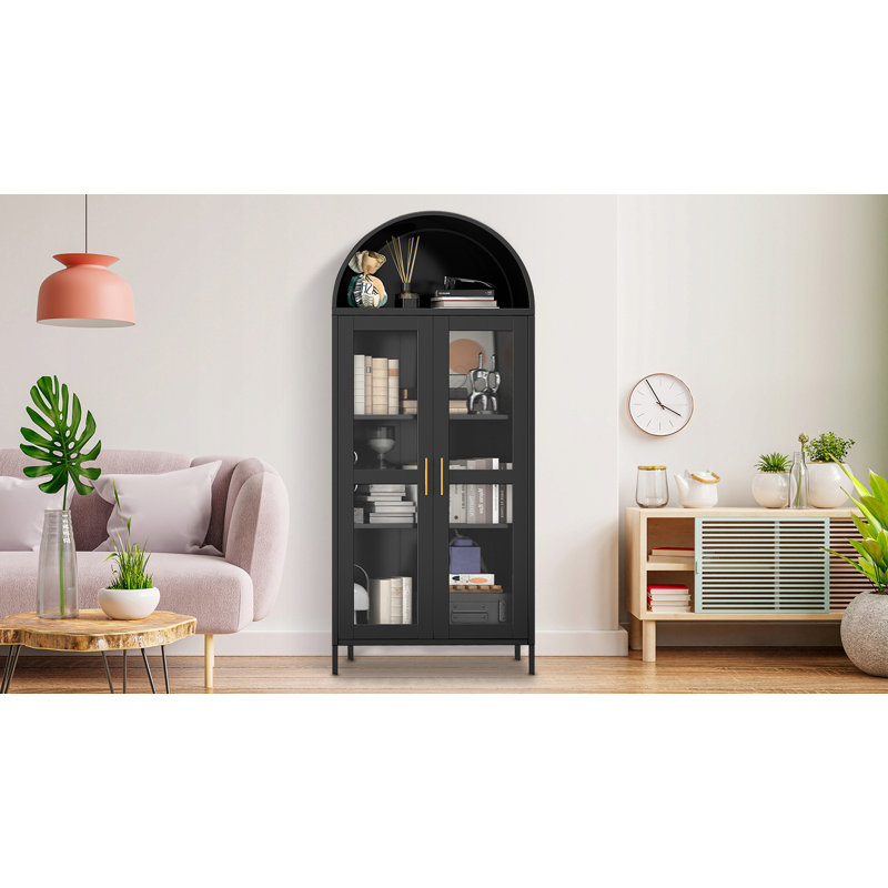 73 in Arched Metal Storage Cabinet with Glass Door,2 Adjustable Shelves,Rustic Display Unit for Kitchen Pantry, Living & Dining Rooms,Dark Black​​ with Legs