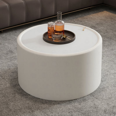 Table basse ronde avec plateau en verre trempé, corps en cuir PU et rangement caché pour le salon, table d'appoint moderne