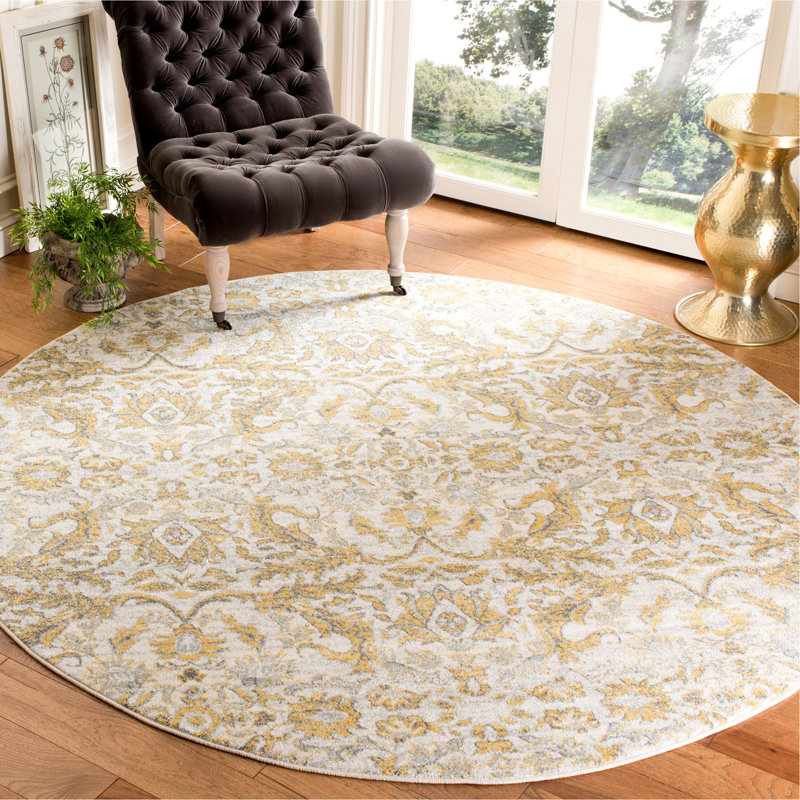 Tapis ivoire et doré damassé Adie, Rond 6 pi 7 po
