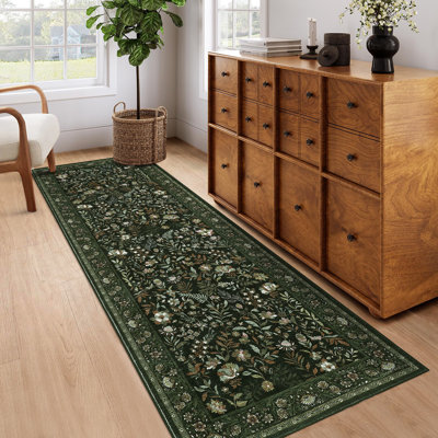 Farmhouse Floral Rug 6x9 Washable Rug Non Slip, Soft Non Shedding Indoor Carpet, Low Pile Thin Foldable Printed Mat, Farmhouse Botanical Carpet for Living Room Bedroom, Deep Green