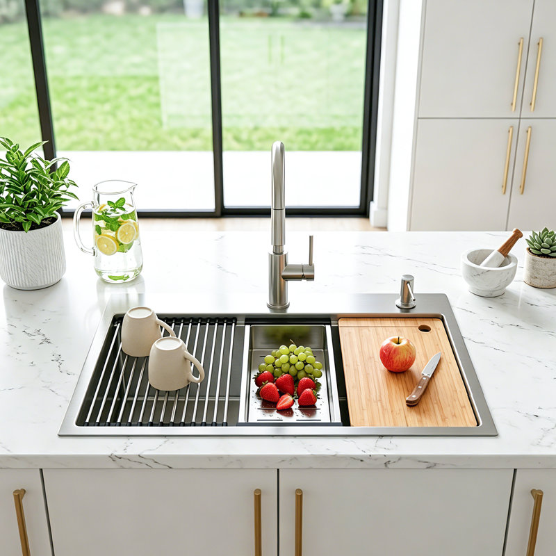 Évier de cuisine encastré / encastré à simple cuve en acier inoxydable, 30*22, Brushed Nickel
