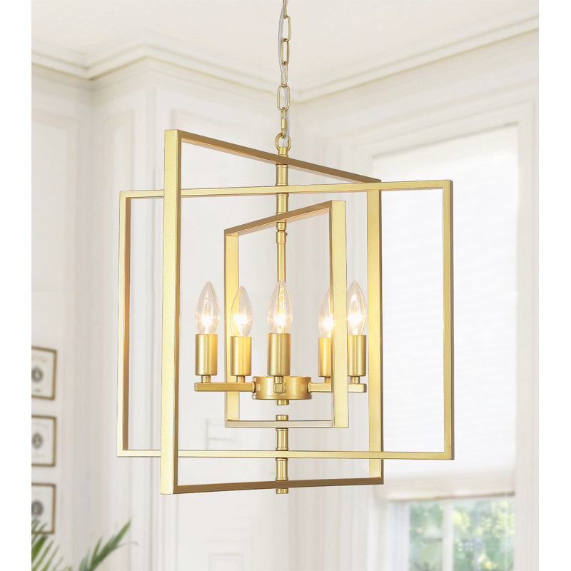 Padula 5 - Light 21.65" Dimmable Lantern Industrial Linear Square / Rectangle Geometric Candle Style Chandelier, Gold