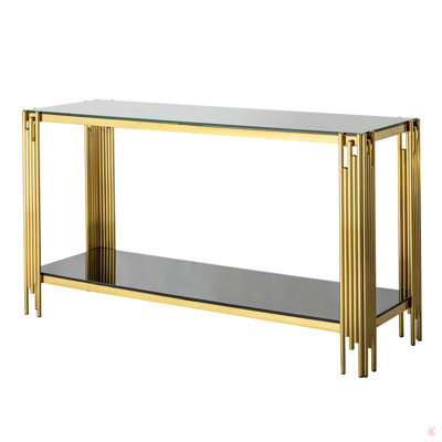 Modern Glass Console Table, 55"" Gold Sofa Table With Sturdy Metal Frame And Tempered Glass Top, For Living Room Entryway Bedroom, Gold Finish -  Everly Quinn, 7AE9F07649334647BA45B66474F66D1F