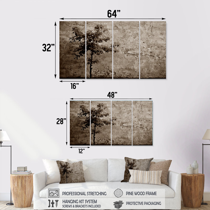 Arbre simple devant un mur - ensemble d'art mural arbre monochrome 4 pièces, H 32 po x l 64 po