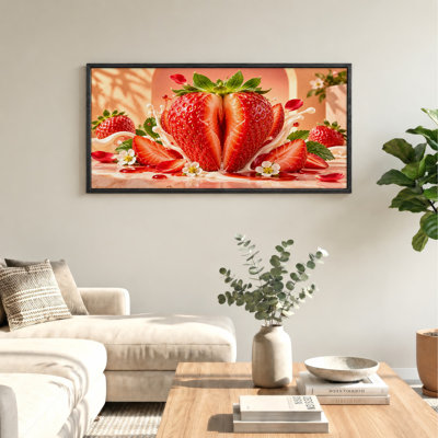 Large Red Strawberry Split With Milk Splash And Strawberry Canvas Wall Art