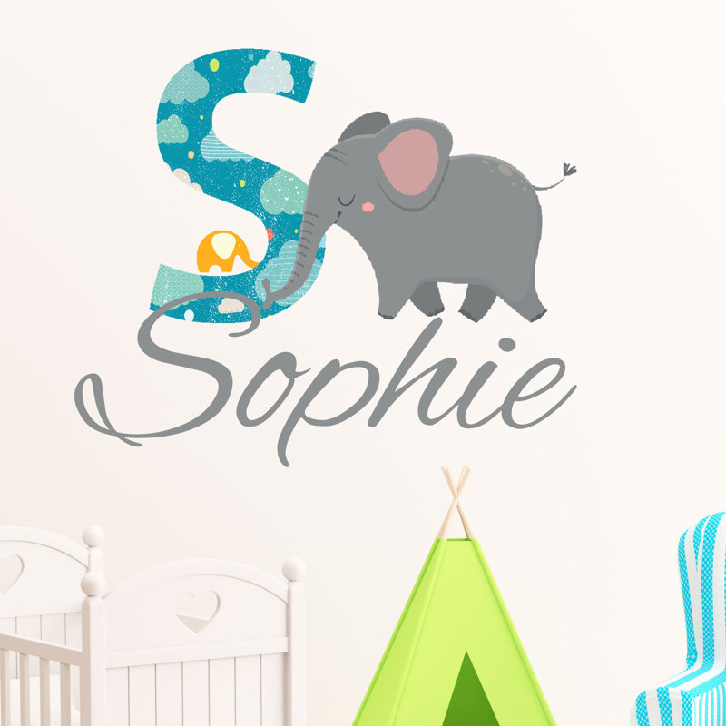 Personalised Name Monogram Elephant Wall Sticker, Yes, 30 (W) cm X 30 cm (H)