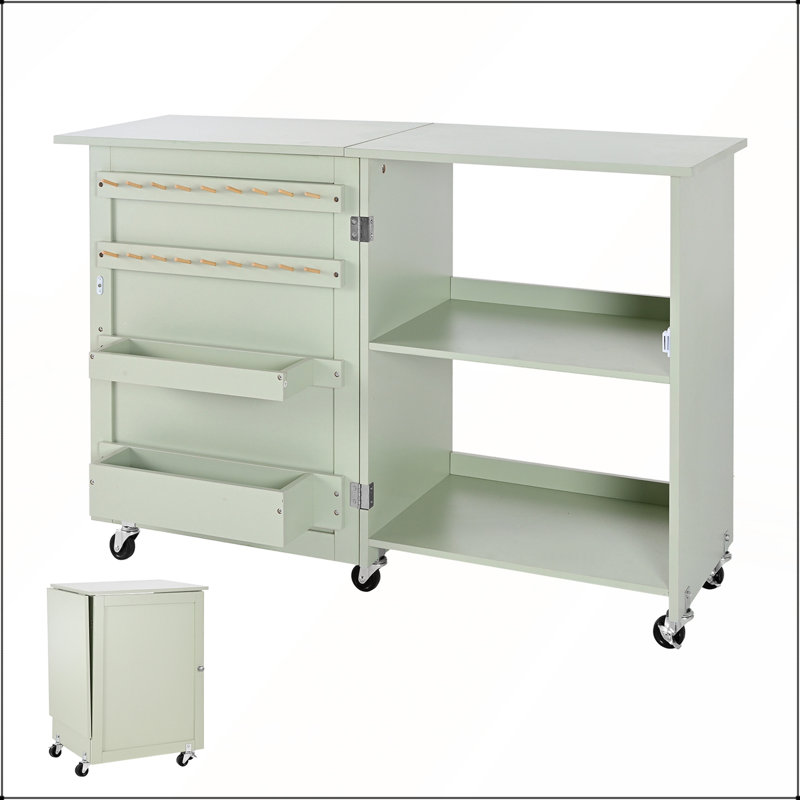 Table de couture pliante avec un design compact, des roues, des chevilles en bois, des plateaux de rangement et une tablette pour l'artisanat organisé