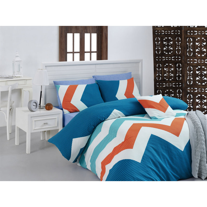 Ensemble de housse de couette 100% coton blanc / bleu / orange 3 pièces Dolcho