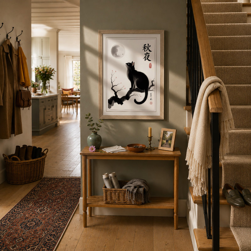 Cat Under Autumn Moon Japandi - Framed Print, A1 - 84.1 x 59.4 cm, Oak