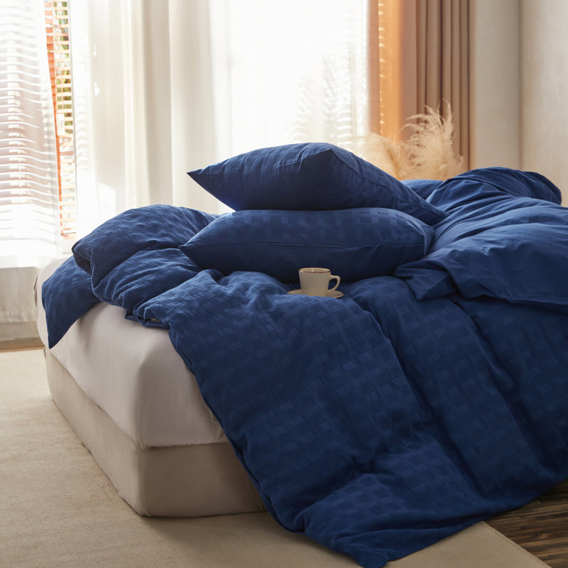 100% Waffle Weave Cotton Duvet Cover Set, Oversized King, Navy