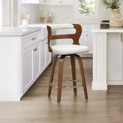 Tabouret de bar pivotant rembourré avec structure en bois, pieds en bois d'hévéa