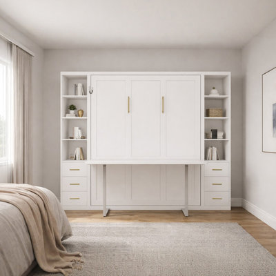 Desk Murphy Wall Bed With Side Storage Cabinets, Queen Size Foldable Wall Bed For Study Room,Bedroom